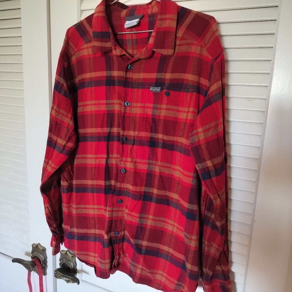 Columbia Men's 98% Cotton Flannel Shirt XL Red Tan Blue